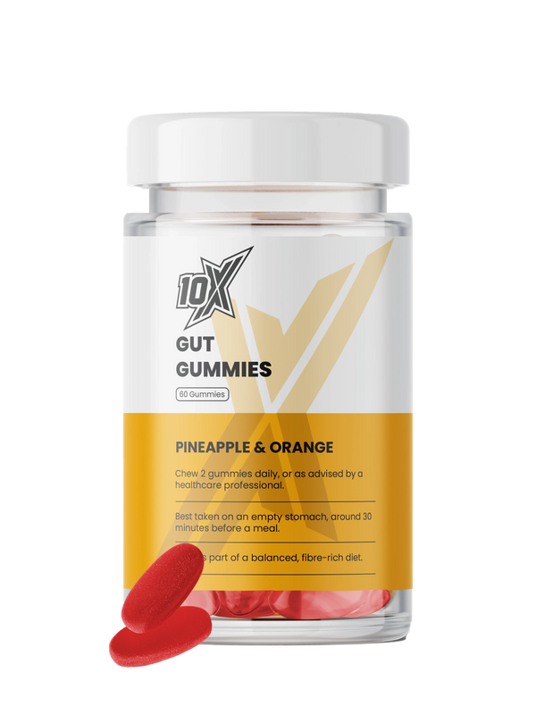 10X Gut Gummies bottle with two red gummies on a white background