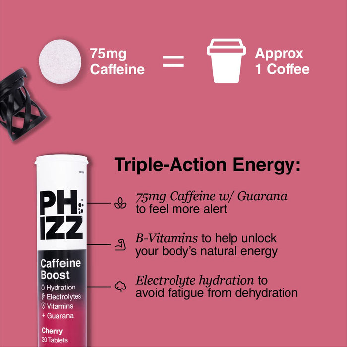 Phizz Cherry + Caffeine Boost 3-in-1 Hydration, Electrolytes and Vitamins Effervescent  12x20Tabs Cherry