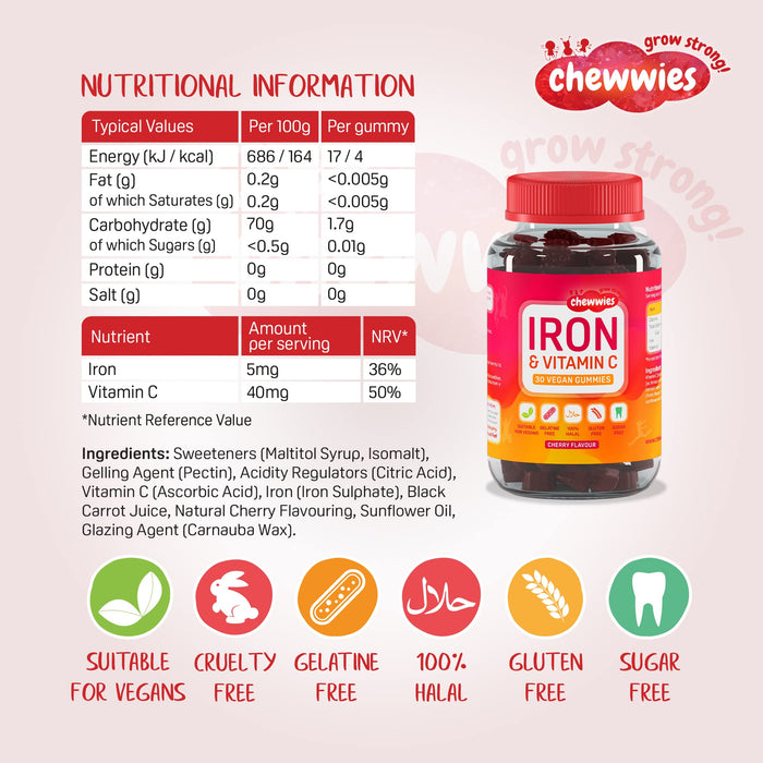 Chewwies Iron & Vitamin C, Cherry - 30 vegan gummies | High-Quality Sports Supplements | MySupplementShop.co.uk