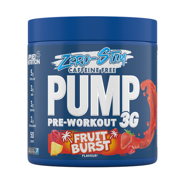 Blue Applied Nutrition Pump 3G Zero container with fruit burst flavor featuring citrulline malate and vitamin B12
