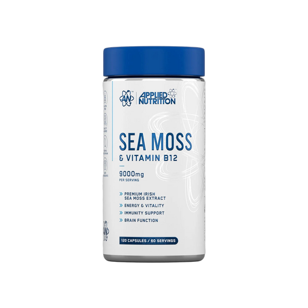 Supplement bottle labeled 'Sea Moss & Vitamin B12' by Applied Nutrition on a white background