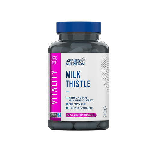 Bottle of Applied Nutrition VITALITY Milk Thistle 90 Veg Caps for liver support and herbal health