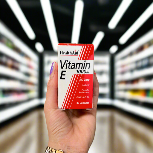 Close-up of (Healthaid Vitamin E 30 Capsules) held up inside My Supplement Shop, clearly showing the front label in a Sports Nutrition setting.