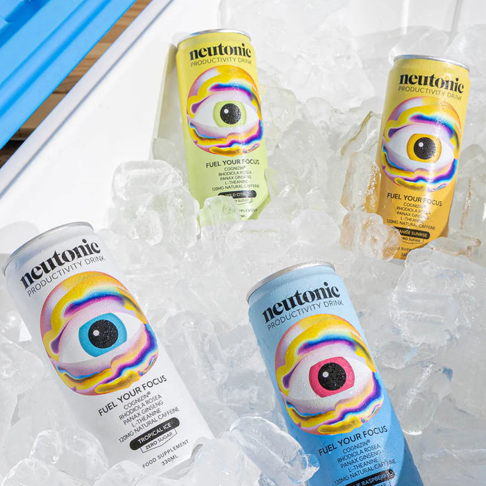 Neutonic energy drinks in cans on ice with colorful labels