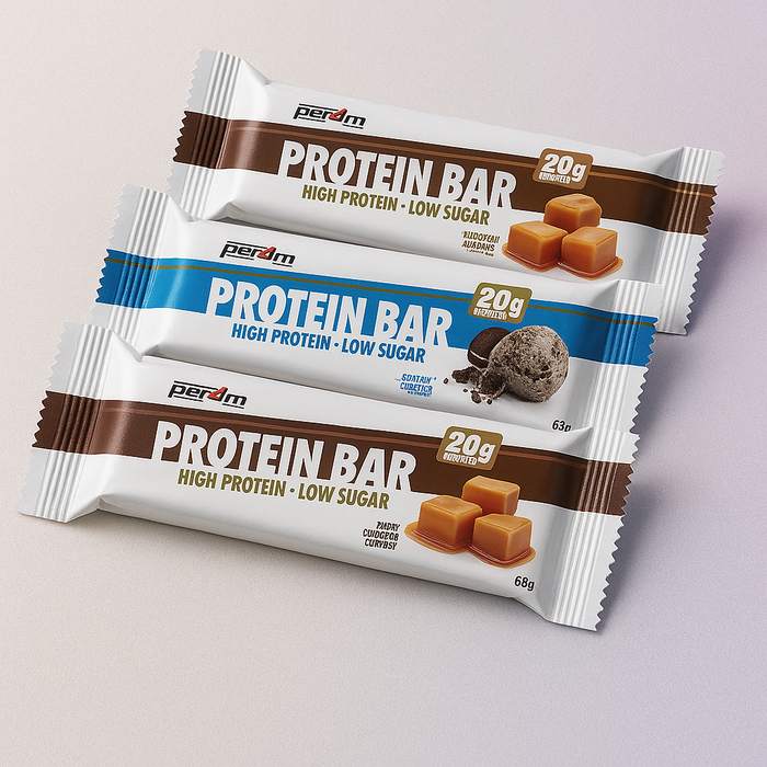 PER4M Protein Bars fanned out on off-white surface with purple and blue shadowing – Snack Line-Up lifestyle image for MySupplementShop ecommerce listing