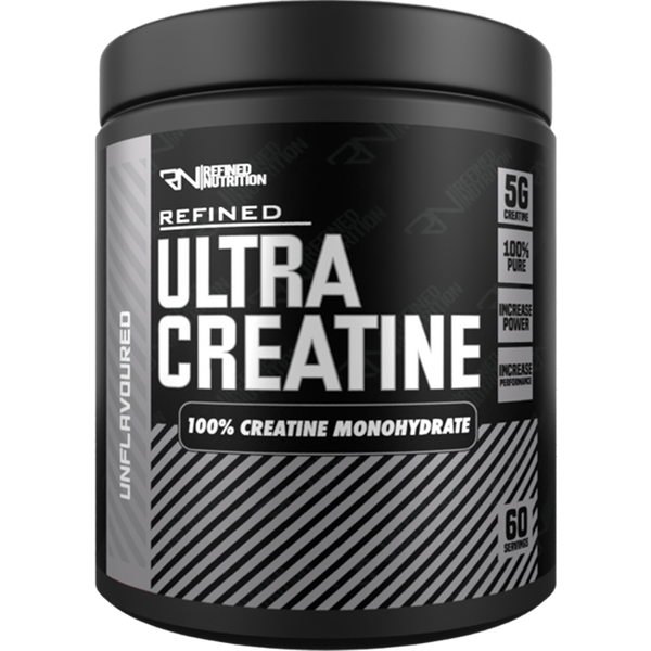Black container of Refined Nutrition Ultra Creatine with 60 servings for muscle recovery boost