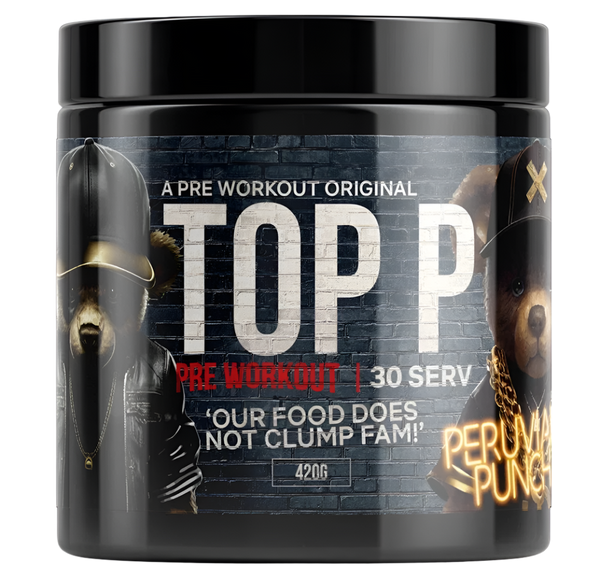 Pre-workout supplement container with 'TOP P' branding on a white background