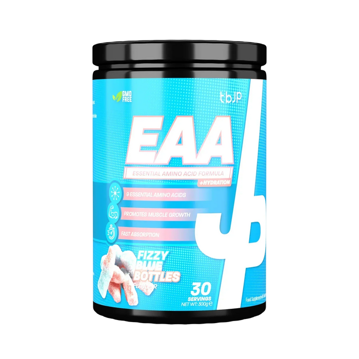 Trained By JP EAA tub with 30 servings of fizzy blue bottles flavor for muscle boost
