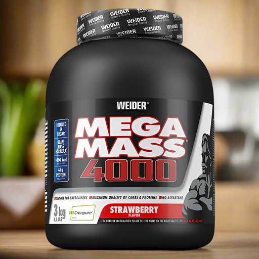 Weider Mega Mass 4000 3kg Strawberry at MYSUPPLEMENTSHOP in a brown themed kitchen 