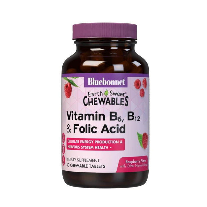 Bluebonnet Earthsweet Chewables Vitamin B6, B12 & Folic Acid 60 Raspberry Tablets - Energy & Vitality at MySupplementShop by Bluebonnet Nutrition