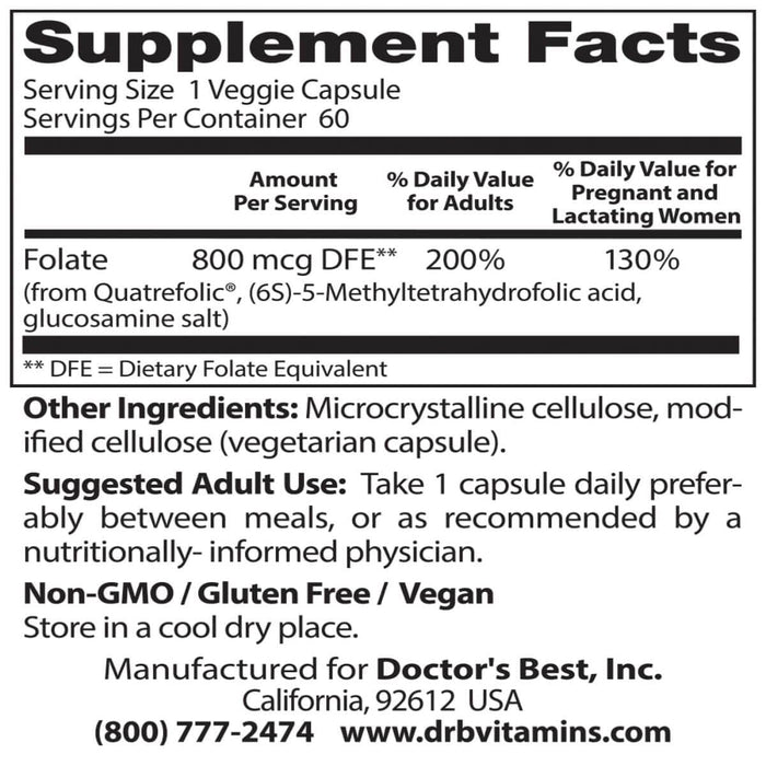 Doctor's Best Fully Active Folate 800, 800 mcg 60 Veggie Capsules | Premium Supplements at MYSUPPLEMENTSHOP