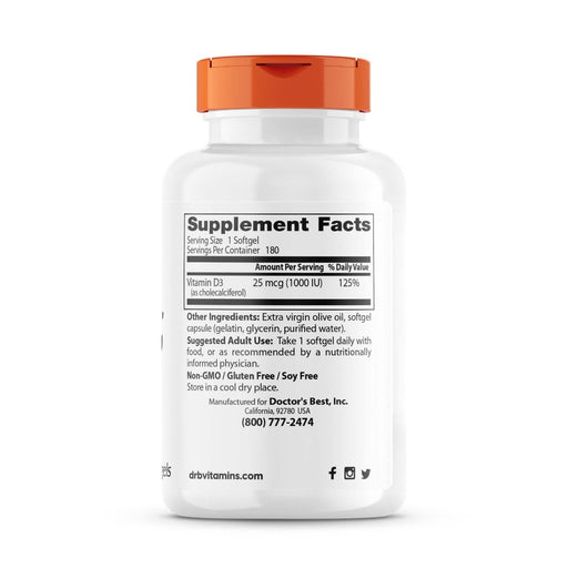 Doctor's Best Vitamin D3 25 mcg (1,000 IU) 180 Softgels | Premium Supplements at MYSUPPLEMENTSHOP