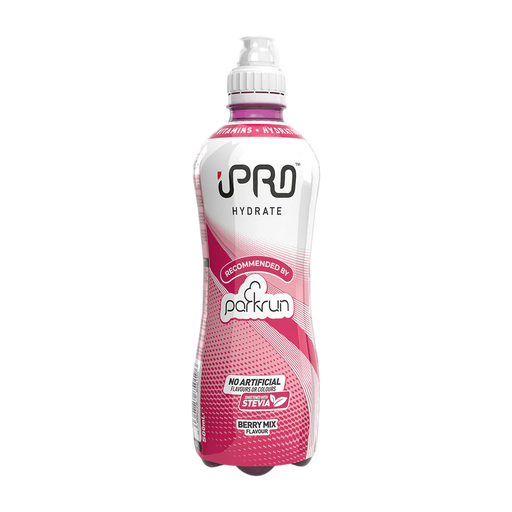 Pink and white 'PRO Hydrate' bottle on a white background