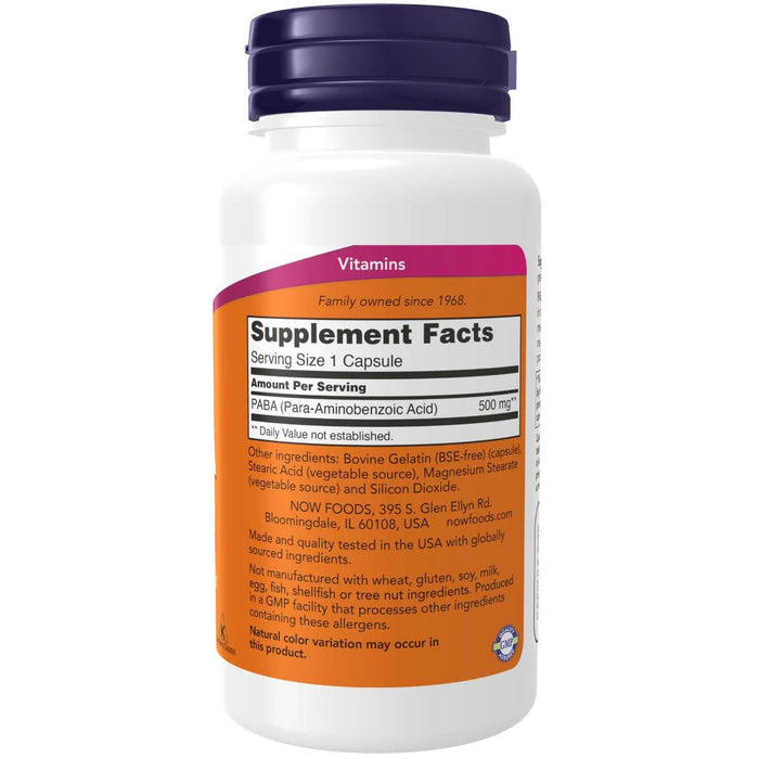 NOW Foods PABA (Para-Aminobenzoic Acid) 500 mg 100 Capsules | Premium Supplements at MYSUPPLEMENTSHOP