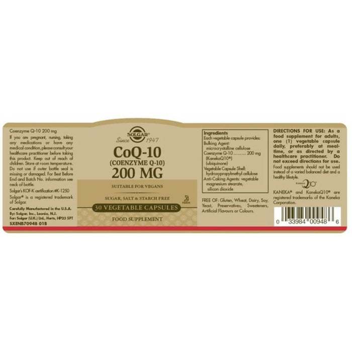 Solgar CoQ-10 (Coenzyme Q-10) 200 mg Vegetable Capsules Pack of 30 - Cellular Health at MySupplementShop by Solgar