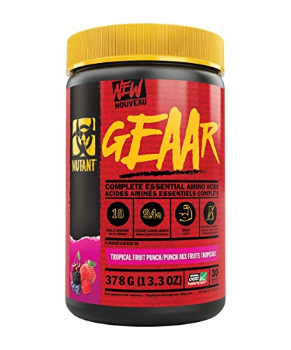 MUTANT GEAAR - 9.4g of EAA Powder + Arginine 7g BCAAs 4g Leucine Electrolytes Coconut Water No Artificial Colours or Flavours Delicious Taste - 30 Servings - Fruit Punch - 378g | High-Quality BCAAs | MySupplementShop.co.uk