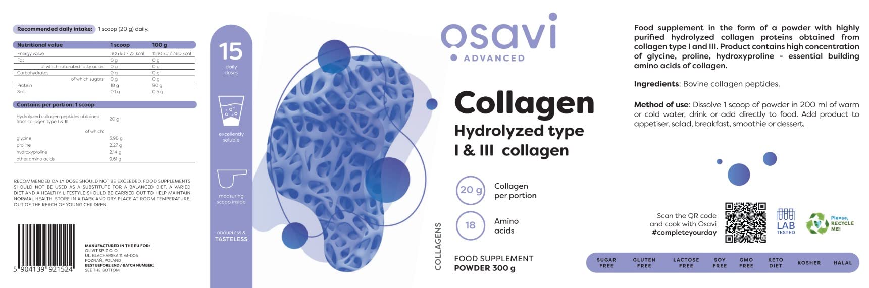 Osavi Collagen Hydrolyzed, Type I & III - 300g - Collagen at MySupplementShop by Osavi