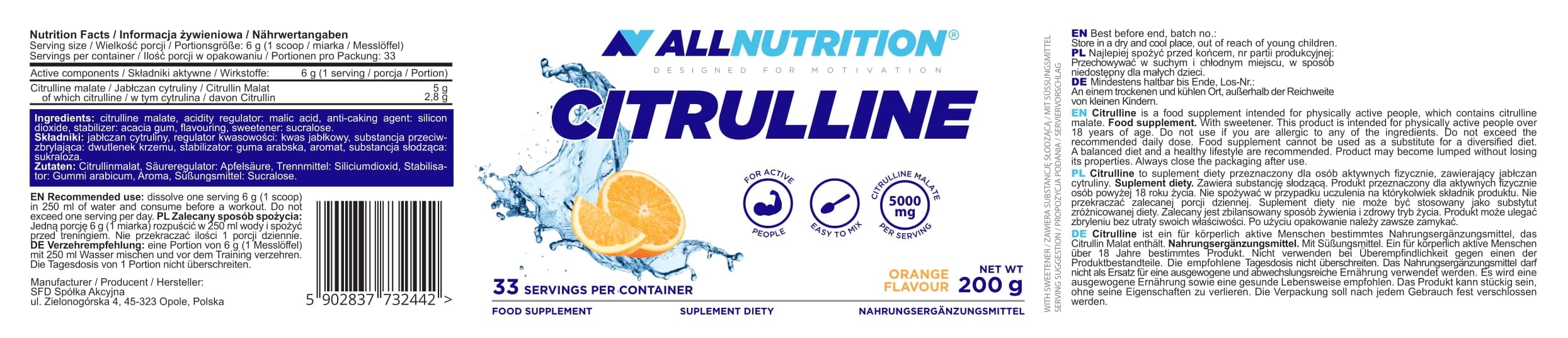 Allnutrition Citrulline, Orange - 200g - Nitric Oxide Boosters at MySupplementShop by Allnutrition