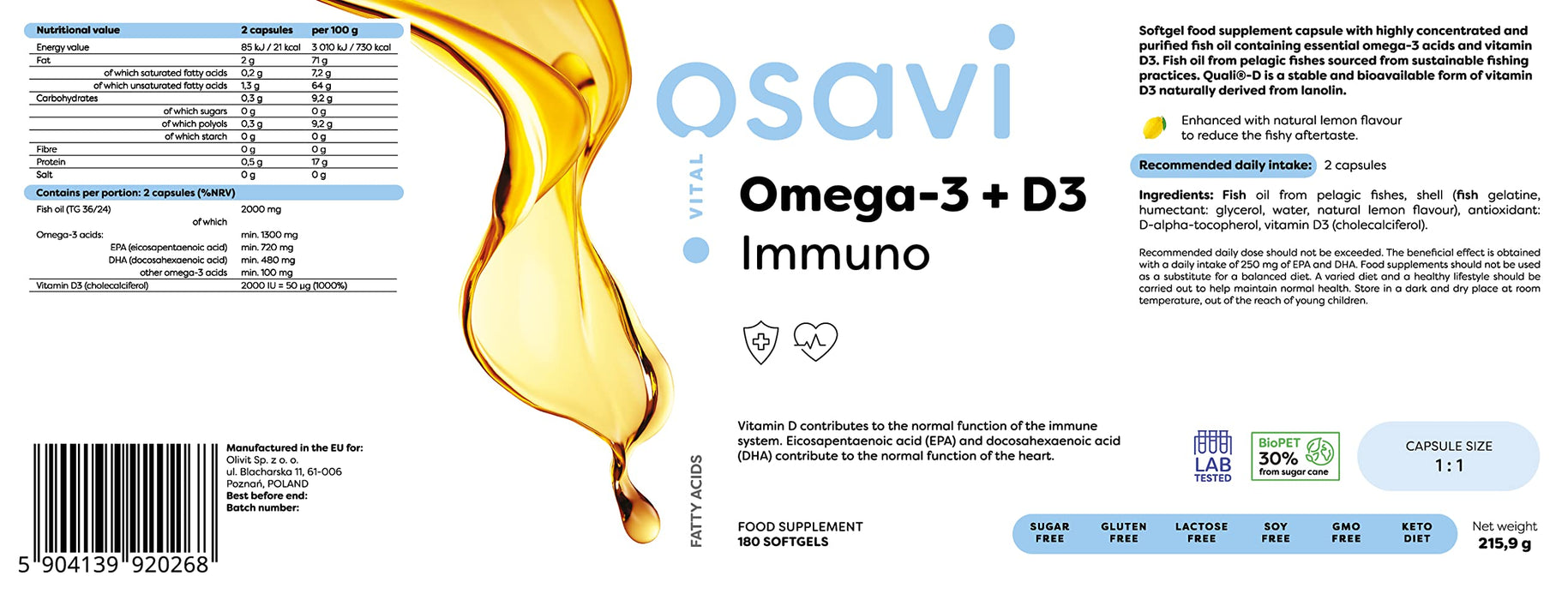 Osavi Omega-3 + D3 Immuno, Lemon - 180 softgels | High-Quality Omega-3 | MySupplementShop.co.uk