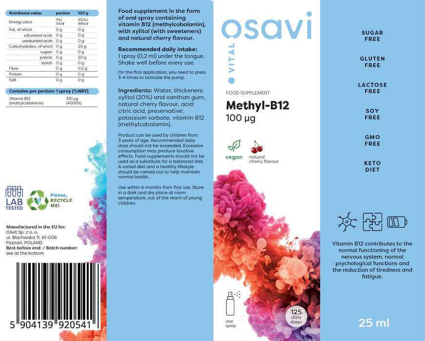 Osavi Methyl-B12 Oral Spray, 100mcg (Cherry) - 25 ml. - Vitamin B12 at MySupplementShop by Osavi