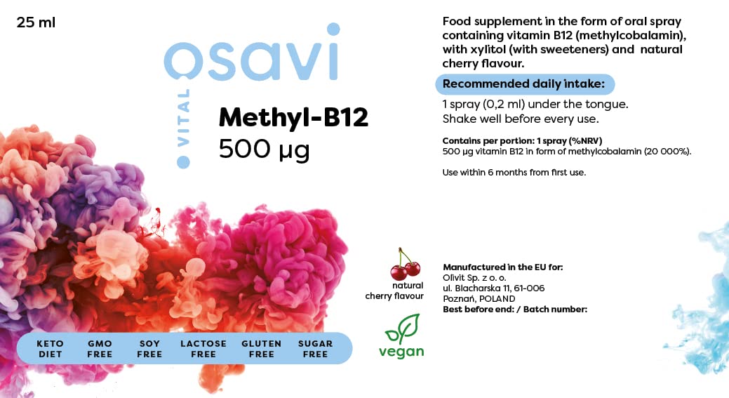 Osavi Methyl-B12 Oral Spray, 500mcg (Cherry) - 25 ml. - Vitamin B12 at MySupplementShop by Osavi