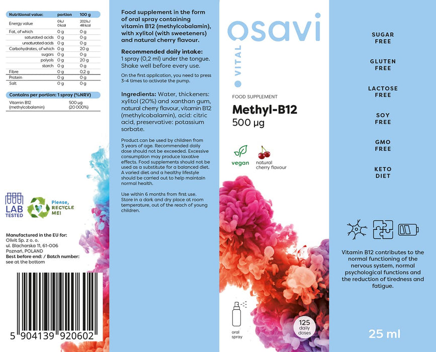 Osavi Methyl-B12 Oral Spray, 500mcg (Cherry) - 25 ml. - Vitamin B12 at MySupplementShop by Osavi